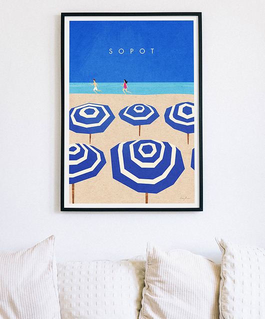 plakaty Sopot - plaża z parasolkami - plakat 50x70 cm