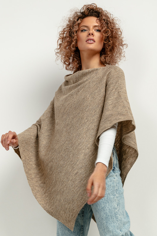 swetry damskie  Ponczo z dzianiny swetrowej, T419, one size, ciemny beż
