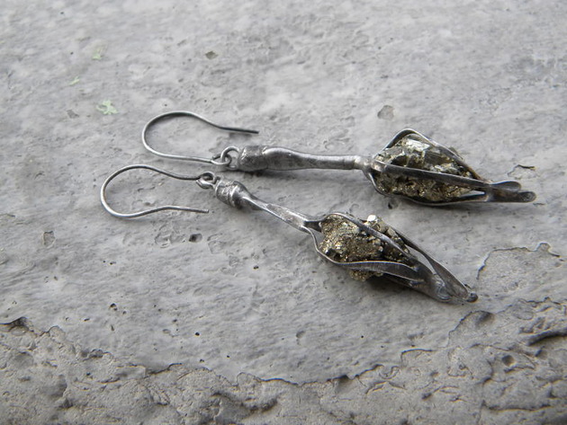 kolczyki wire wrapping Surowe piryty - kolczyki