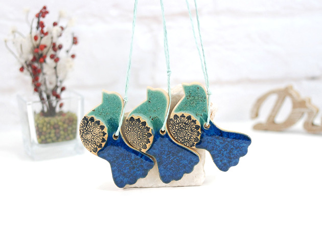 ozdoby choinkowe Turkusowe ptaszki w locie - ceramiczne ozdoby wiszące
