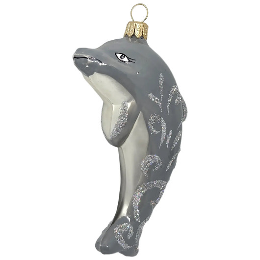 bombki Ręcznie malowana bombka szklana szary delfin zdobiony brokatem