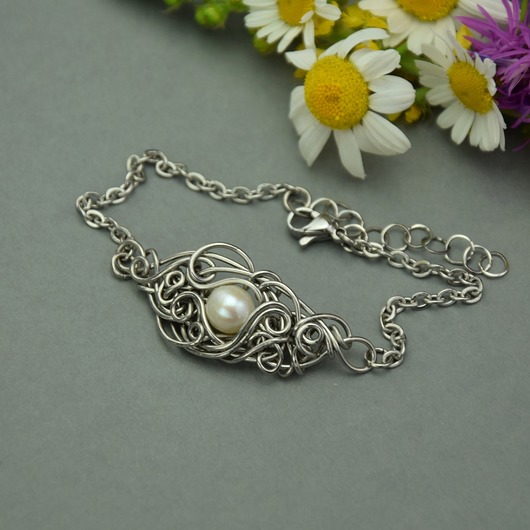 bransoletki wire wrapping Bransoletka z perłą, wire wrapping perła