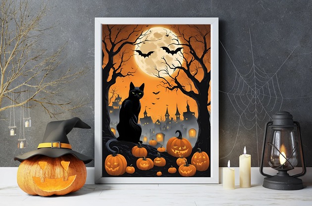 grafiki i ilustracje PLAKAT dekoracja Halloween czarny kot dynia księżyc