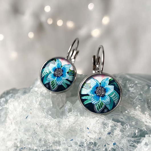 kolczyki szklane Blue flower kolczyki wiszące na rodzinny obiad