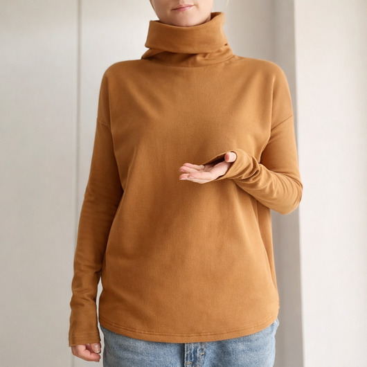 bluza bez kaptura damska Wąski rękaw Golf Orzech