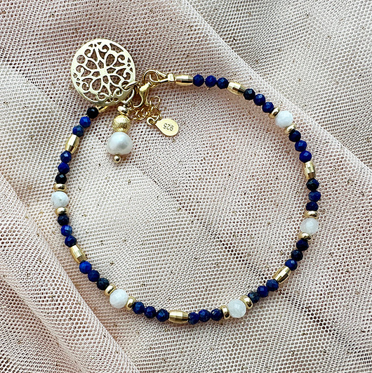 bransoletki z kamieni naturalnych Bransoletka z lapis lazuli , granatowa bransoleta z perłą i rozetą