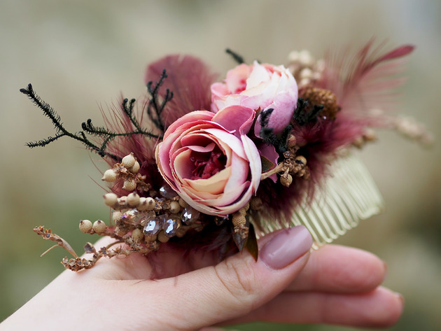 Grzebyk ślubny w stylu boho MAROON DELIGHT FlodiaAtelier