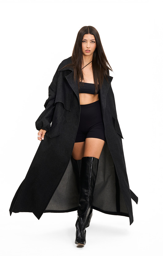 płaszcze damskie Trencz maxi oversize denim washed black