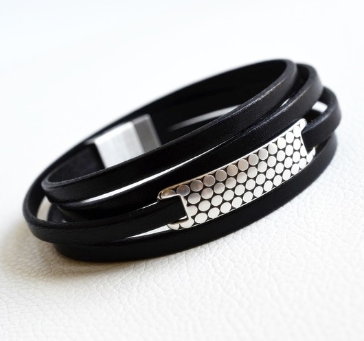 bransoletki skórzane Bransoletka damska skórzana czarna stal