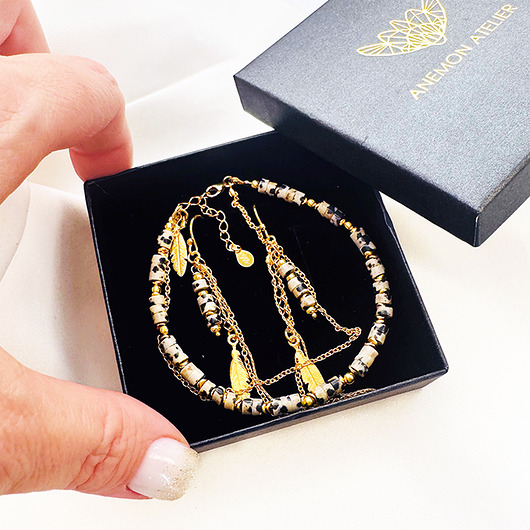 komplet biżuterii Ivory Shadow- Kolczyki  i bransoletka z kamieni, czarno biały jaspis,komplet