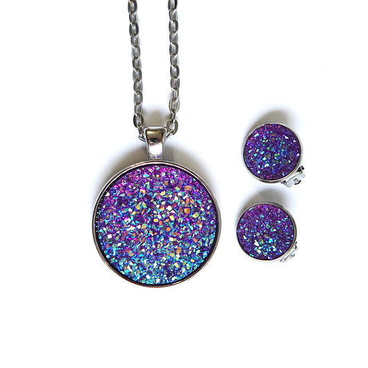 komplet biżuterii Komplet - Druzy fioletowe - naszyjnik i klipsy
