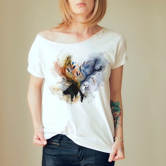 t-shirt damskie Jeleń akwarele Oversize Biały