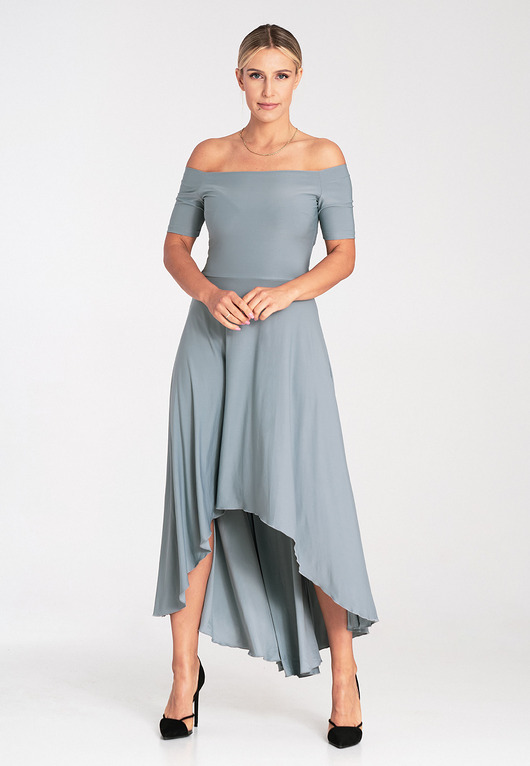 sukienki midi damskie Elegancka asymetryczna sukienka hiszpanka za kolano z krótkim rękawem - M1032