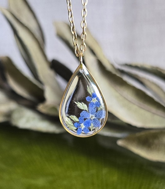 wisiory Złoty wisiorek prawdziwe kwiaty zawieszka łezka łza niezapominajki