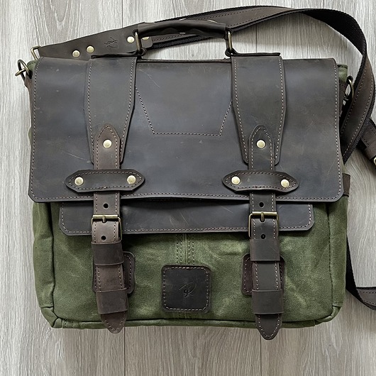 torby na ramię Torba A4 ze skóry i bawełny brązowo-zielona Vintage.