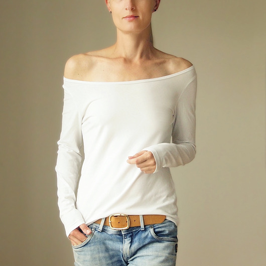 bluzki z długim rękawem damskie Biała dopasowana długi rękaw szeroki dekolt