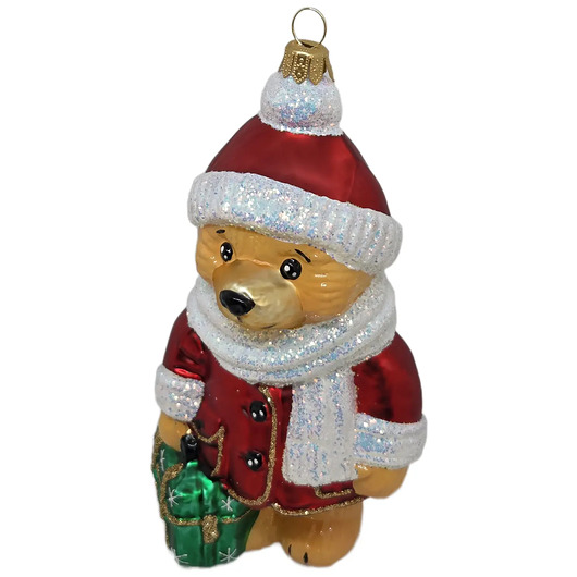 bombki Ręcznie malowana bombka szklana miś z walizką w czerwonym płaszczu