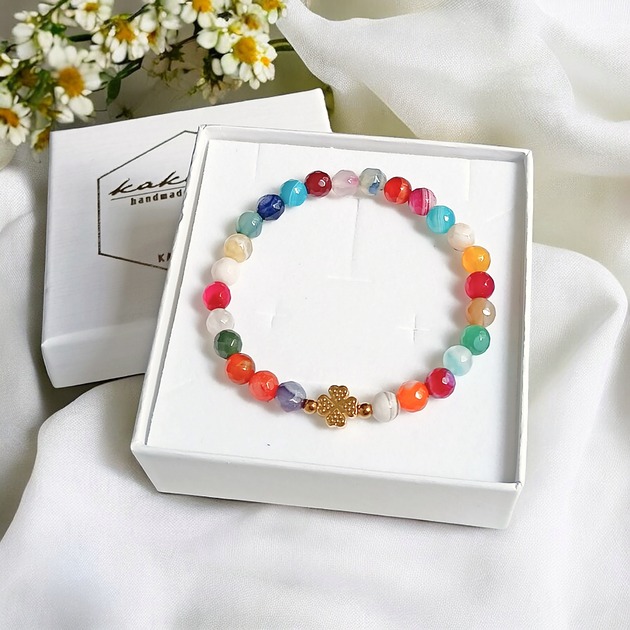 bransoletki z kamieni naturalnych PROMOCJA :: czterolistna koniczynka i agat multicolor