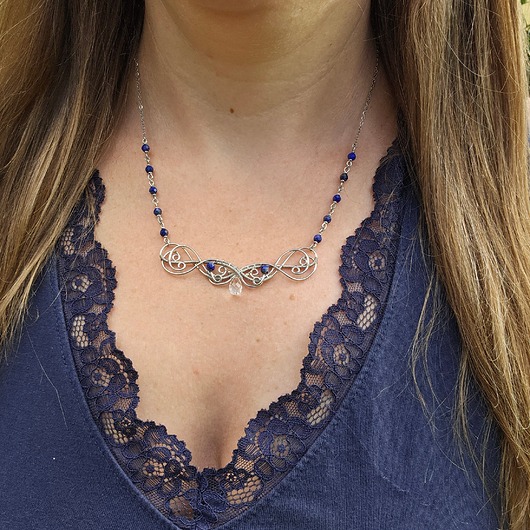 naszyjniki - inne Naszyjnik oryginalny kryształ górski lapis lazuli wire wrapping