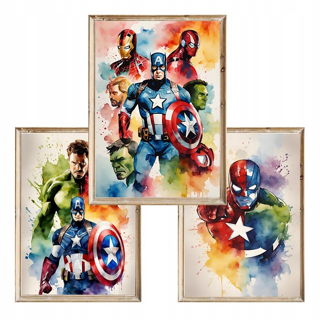 obrazy i plakaty do pokoju dziecięcego Zestaw 3 plakatów Marvel A3