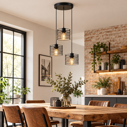 lampy wiszące Czarna 3-punktowa lampa wisząca z regulacją wysokości MIJAS LOFT nad stół