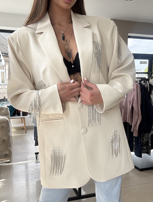marynarki damskie Elegancka marynarka z błyszczącymi frędzlami