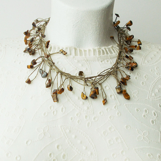 kolie Tygrysie oko Naszyjnik lniany Unikat