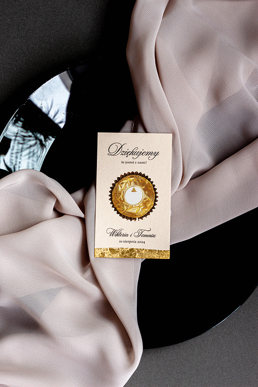 Ślub - inne PODZIĘKOWANIE na FERRERO ROCHER,  złota kartka na czekoladkę + GRATIS