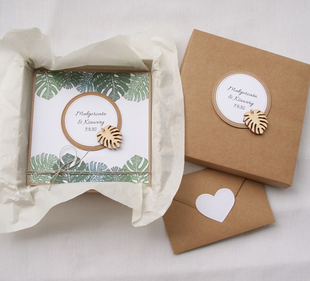 zaproszenia i kartki na ślub Monstera -kartka, personalizacja, pudełko, koperta