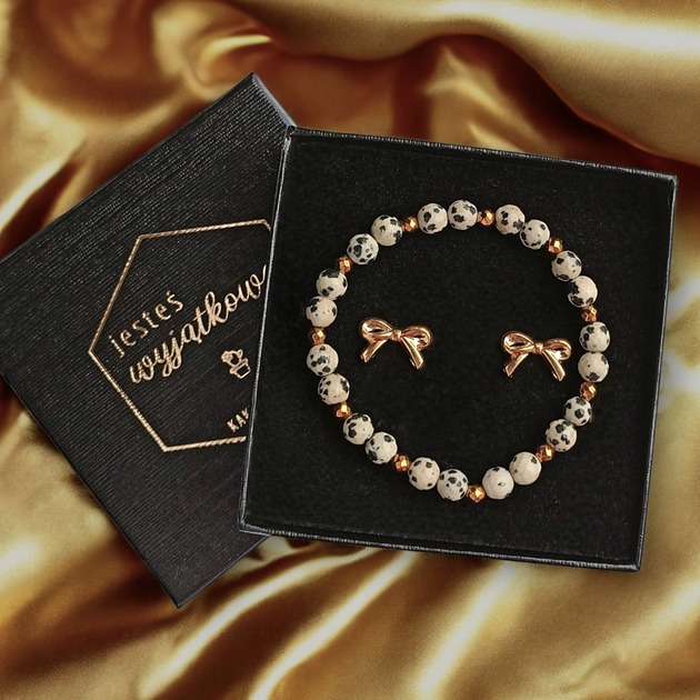 komplet biżuterii Komplet na prezent : jaspis dalmatyński, stal pozłacana : KOKARDKI