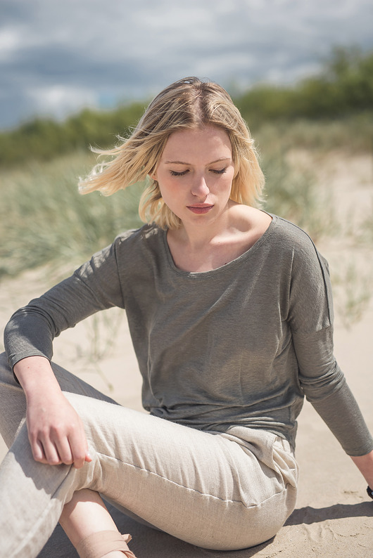 bluzki z długim rękawem damskie Lniana bluzka dzianinowa szałwiowa zieleń