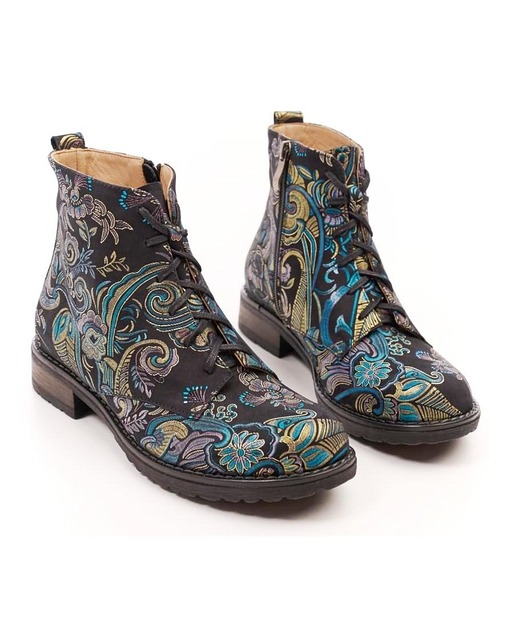 botki damskie Botki skórzane - z kolorowym printem w ornament (6387)