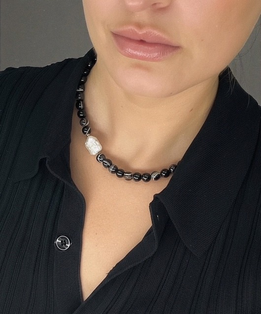 chokery Choker z czarnego sardonyksu i perły