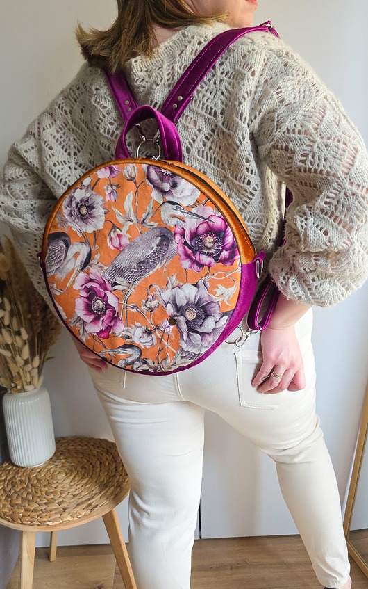 plecaki Plecak Okrągły z Motywem Kwiatów i Czapli Pomarańczowy