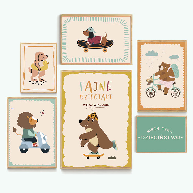 obrazy i plakaty do pokoju dziecięcego Fajne plakaty - zestaw seledynowy zwierzęta hulajnoga rower