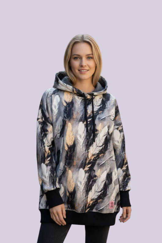 bluza z kapturem damska Bluza oversize Santosza z akwarelowymi piórkami, rozmiar S