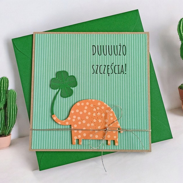 kartki scrapbooking Dużo szczęścia - urocza, uniwersalna kartka - słonik, koniczynka