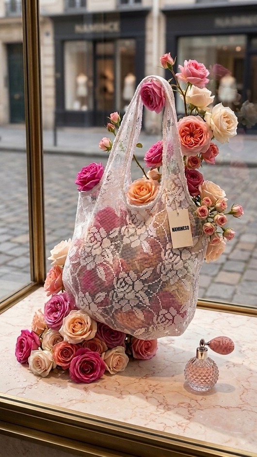 torby na ramię Koronkowa torba shopper, na ramię, róże, biała, Namineso Scoop