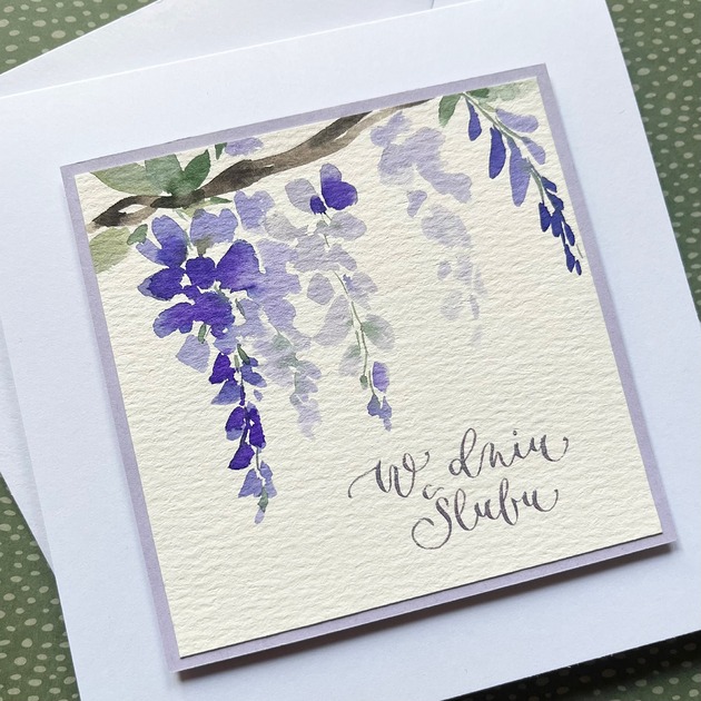 kartki scrapbooking Kartka ślubna ręcznie malowana i kaligrafowana z wisterią