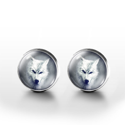 kolczyki szklane Kolczyki sztyfty - Biały wilk - grafika