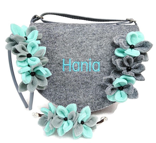 torebki, worki i plecaki dziecięce Mała torebeczka z imieniem z kwiatuszkami plus opaska, bransoletka