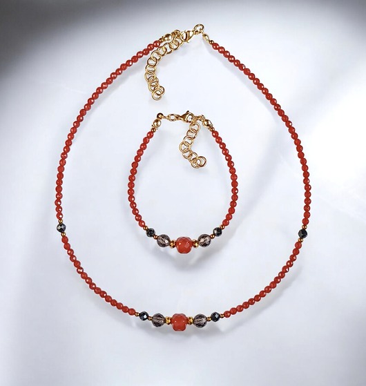 komplet biżuterii RAZEM TANIEJ! komplet jesienny : karneol, kwarc dymny, czarny turmalin