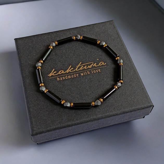 biżuteria męska ODWAGA, SIŁA :: delikatna bransoletka onyks, hematyt : gold