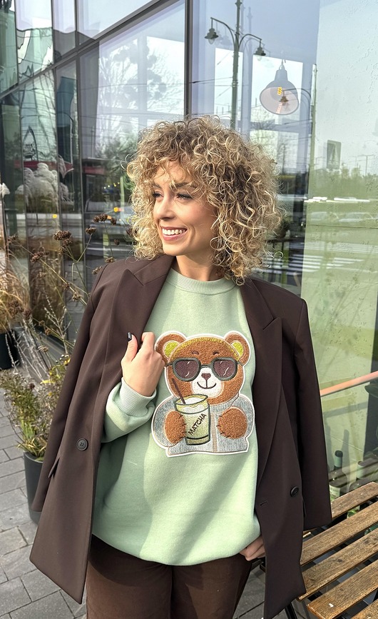 bluza bez kaptura damska Bluza oversize Matcha Teddy dla mamy i taty