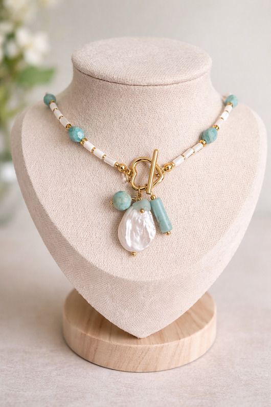 chokery Naszyjnik z perłami i amazonitem