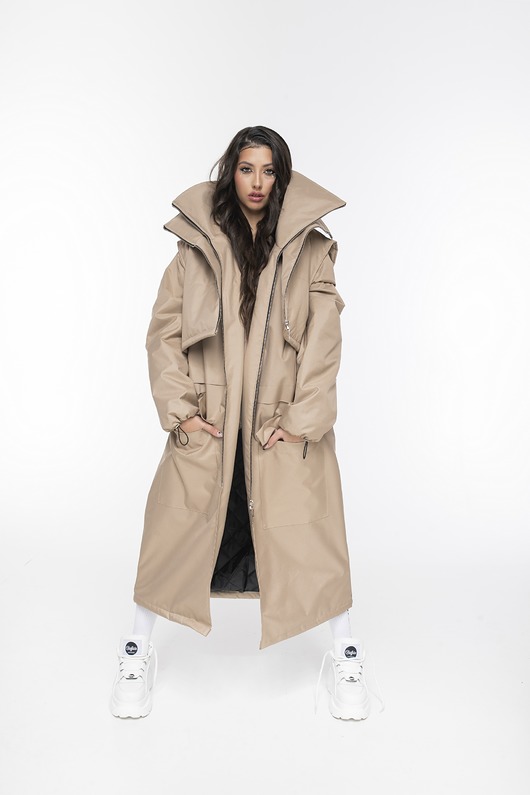 płaszcze damskie Parka Longline Collar Vest Oversize mocca