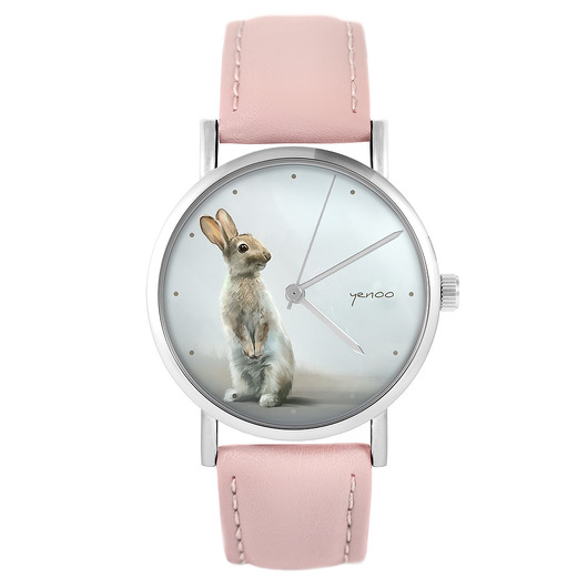 zegarki damskie Zegarek - Zając - skóra, pudrowy róż