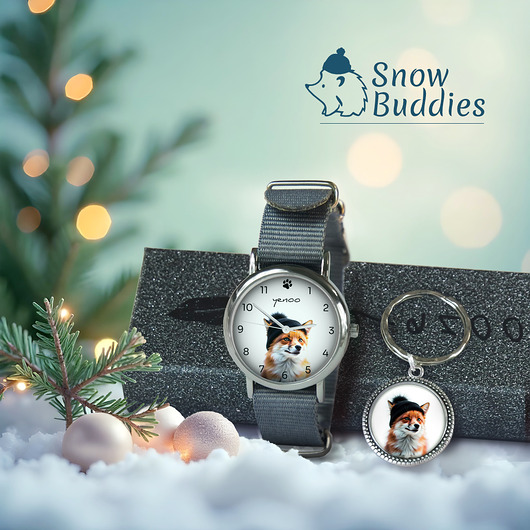 zegarki unisex Zestaw prezentowy - Lisek - zegarek i brelok - nylonowy, szary