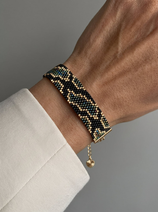 bransoletki ze szkła Paliwo - zielona złota bransoletka z koralików Miyuki - snake pattern