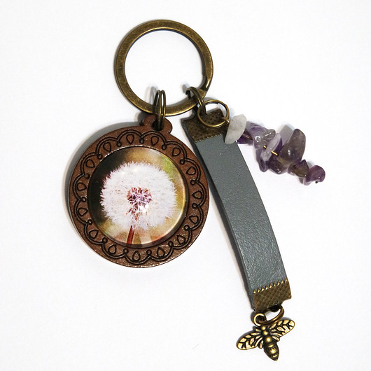 breloki Breloczek - Dmuchawiec, rzemień, ametyst - drewniany